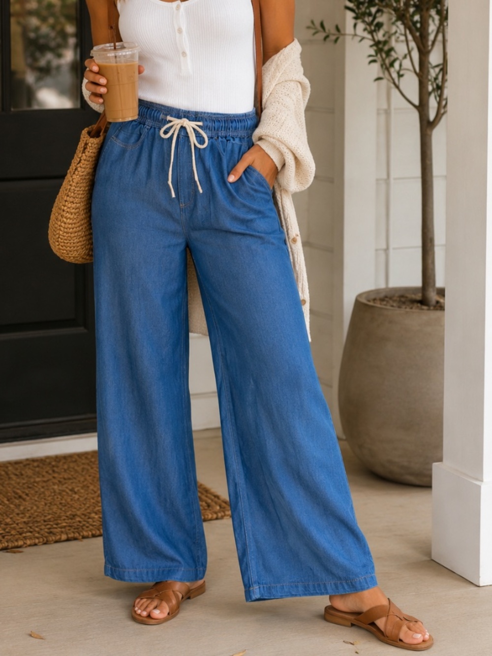 LOFT Wide Leg Lyocell Jeans 29 8 Pull On Drawstring Soft Denim